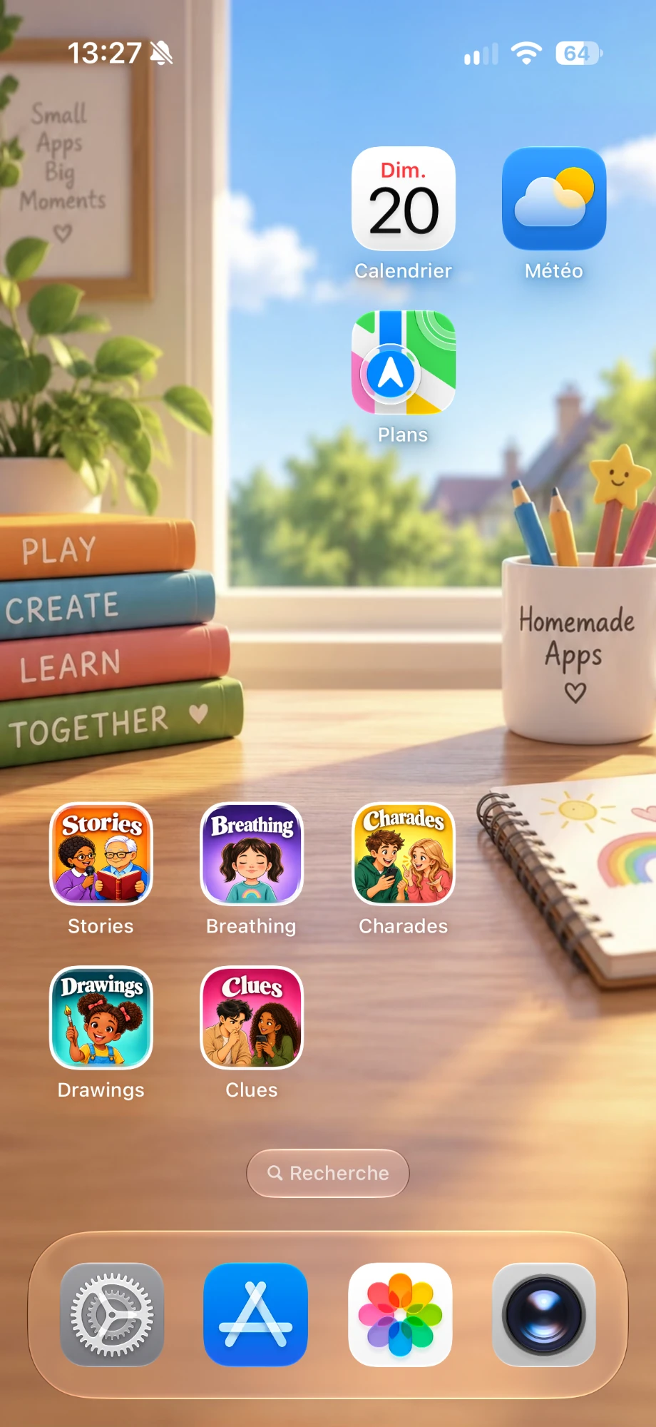 An iPhone home screen with the Homemade apps on it: Stories, Breathing, Charades, Drawings and Clues.